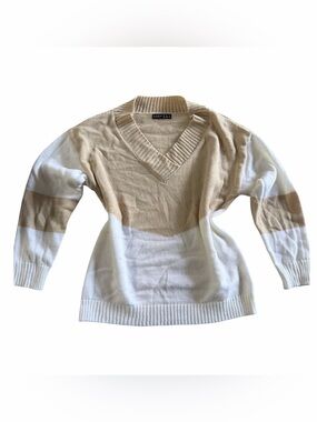 Cozy Neutral V-Neck Colorblock Sweater - Cream & Tan